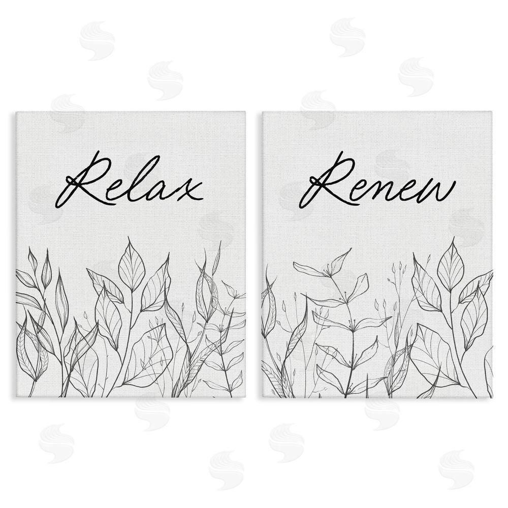 Lettered and Lined Relax and Renew Leaf Outlines Stretched Canvas Wall Art Print