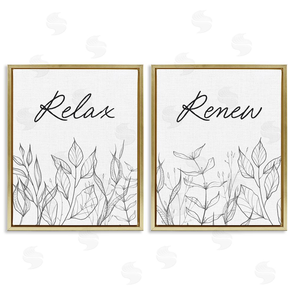 Lettered and Lined Relax and Renew Leaf Outlines Gold Floating Frame Canvas Wall Art Print