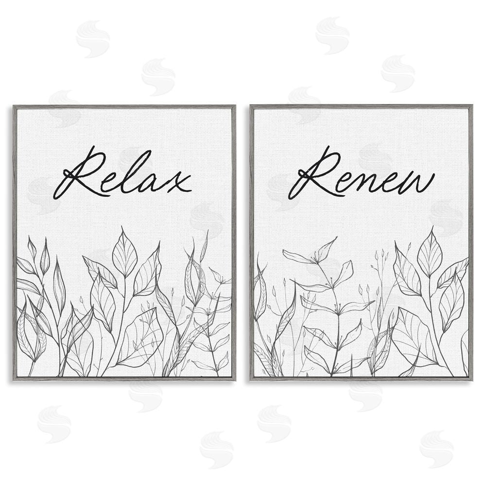 Lettered and Lined Relax and Renew Leaf Outlines Gray Framed Giclee Print Wall Art