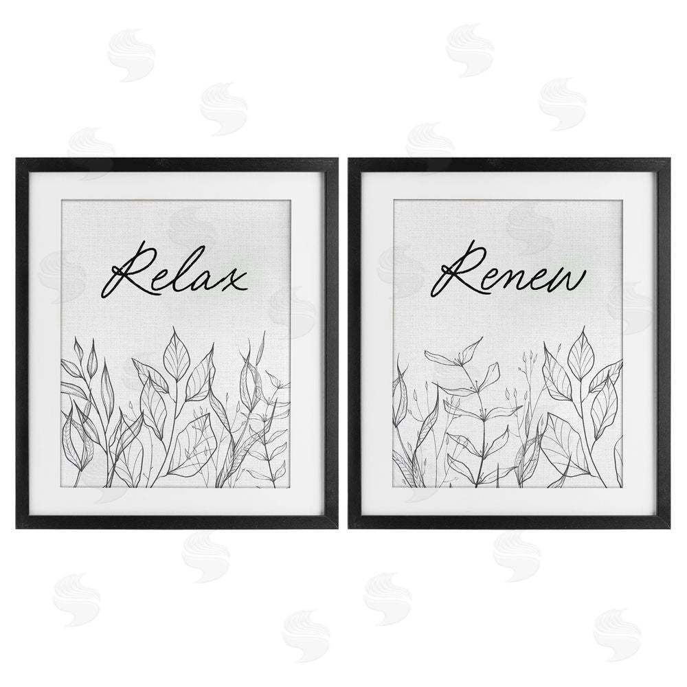 Lettered and Lined Relax and Renew Leaf Outlines Black Framed Print Under Glass Wall Art