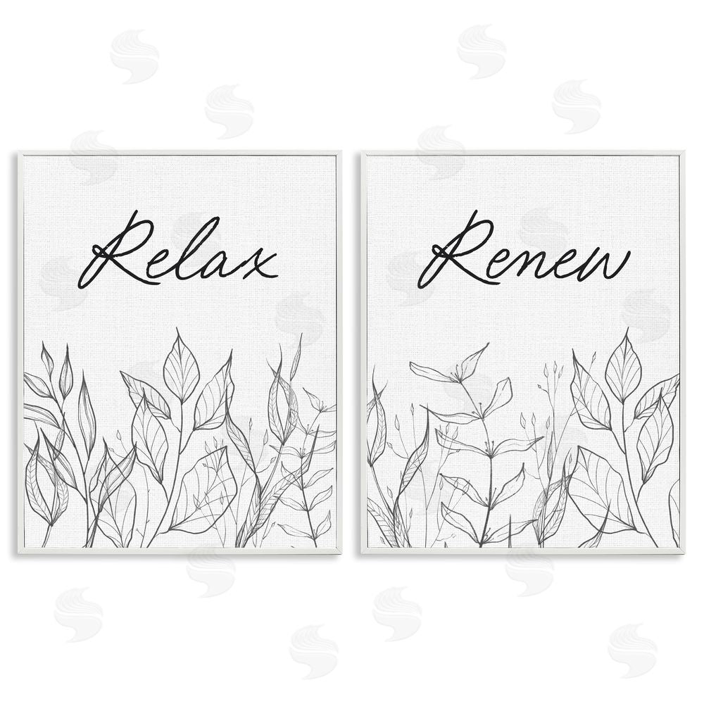 Lettered and Lined Relax and Renew Leaf Outlines White Framed Giclee Print Wall Art