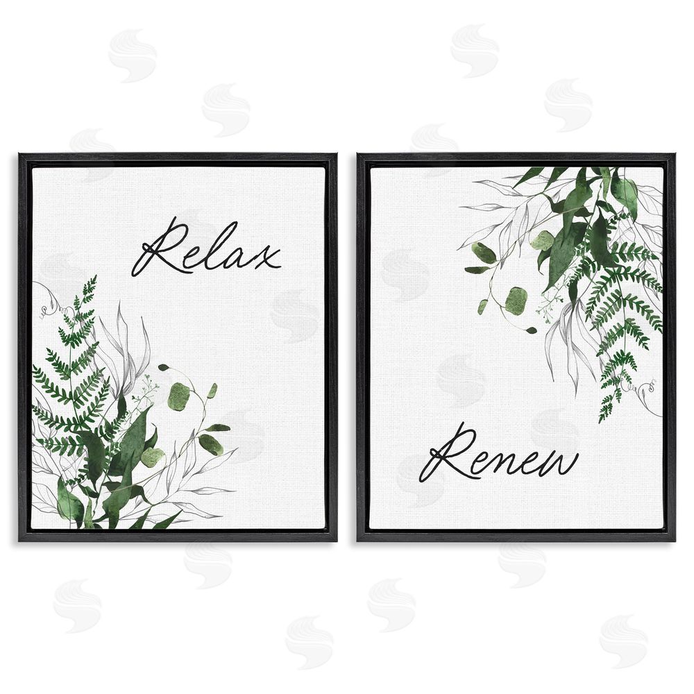 Lettered and Lined Relax Renew Botanical Leaves Black Floating Frame Canvas Wall Art Print