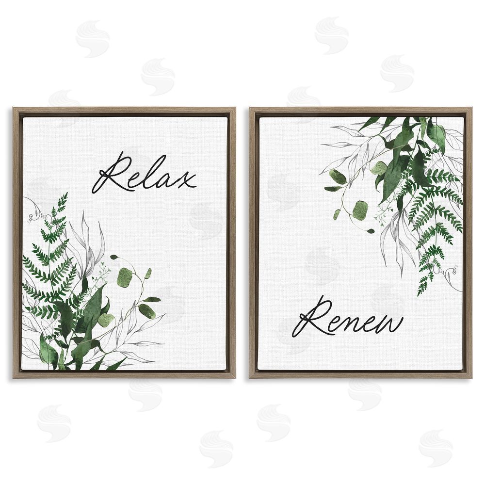 Lettered and Lined Relax Renew Botanical Leaves Brown Floating Frame Canvas Wall Art Print