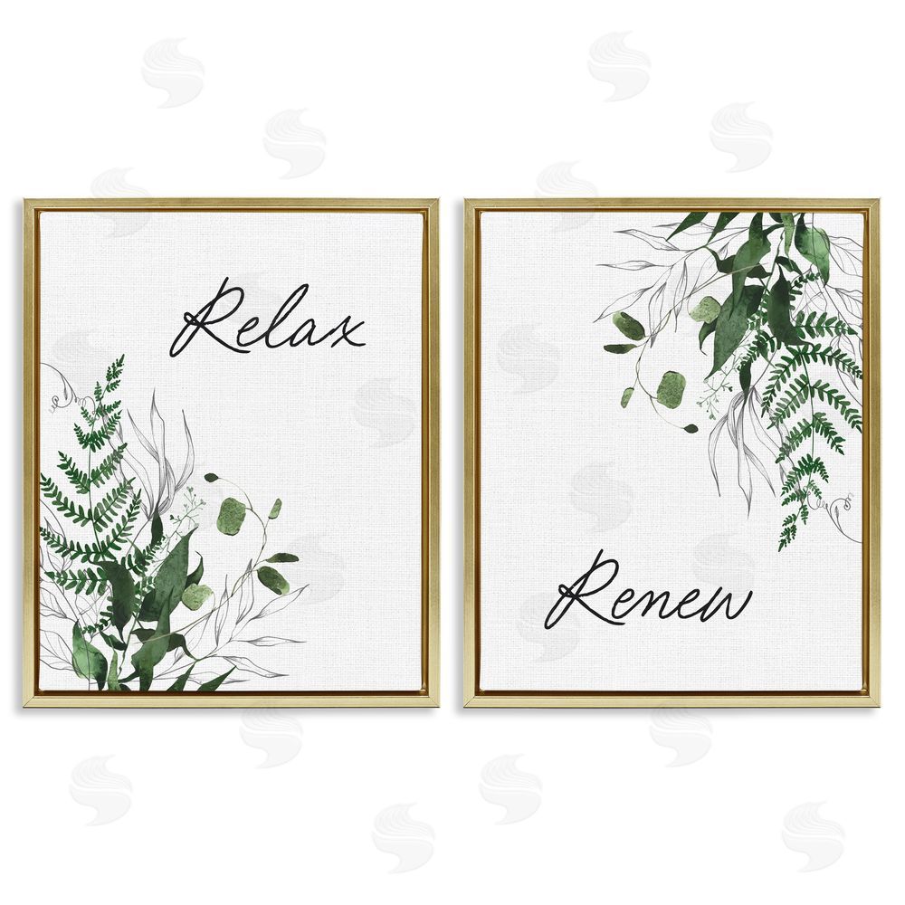 Lettered and Lined Relax Renew Botanical Leaves Gold Floating Frame Canvas Wall Art Print