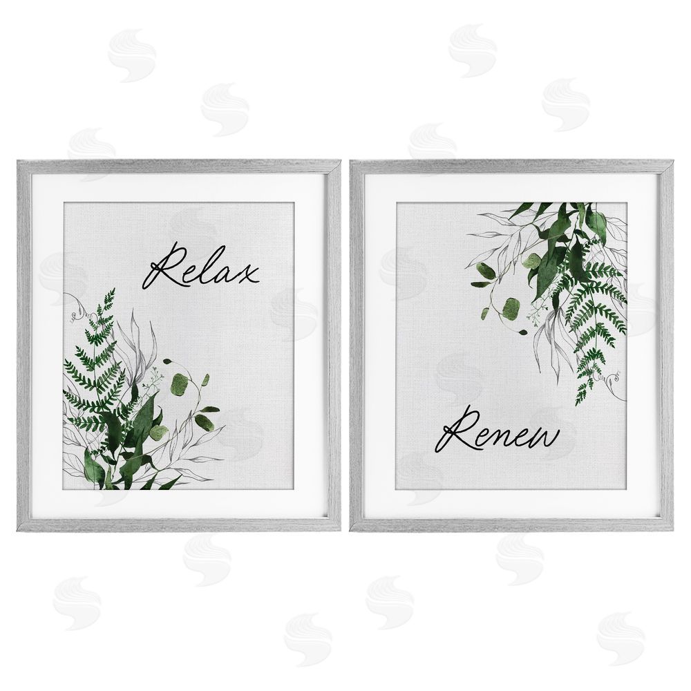 Lettered and Lined Relax Renew Botanical Leaves Gray Framed Print Under Glass Wall Art