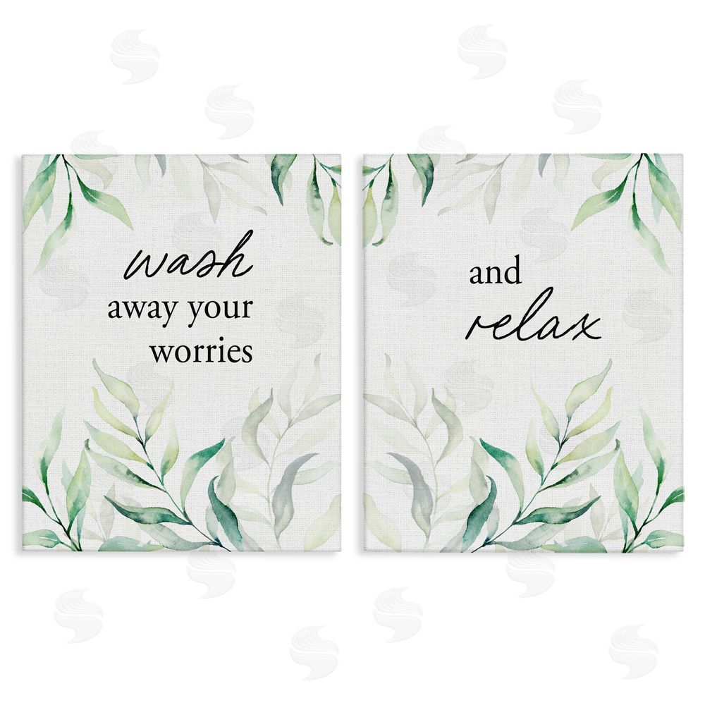 Lettered and Lined Soothing Bathroom Greenery Words Stretched Canvas Wall Art Print