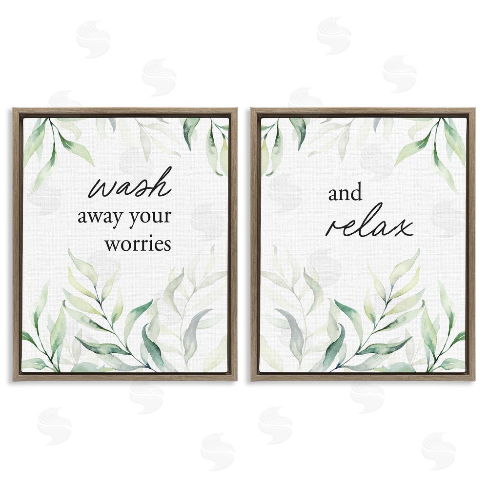 Lettered and Lined Soothing Bathroom Greenery Words Brown Floating Frame Canvas Wall Art Print