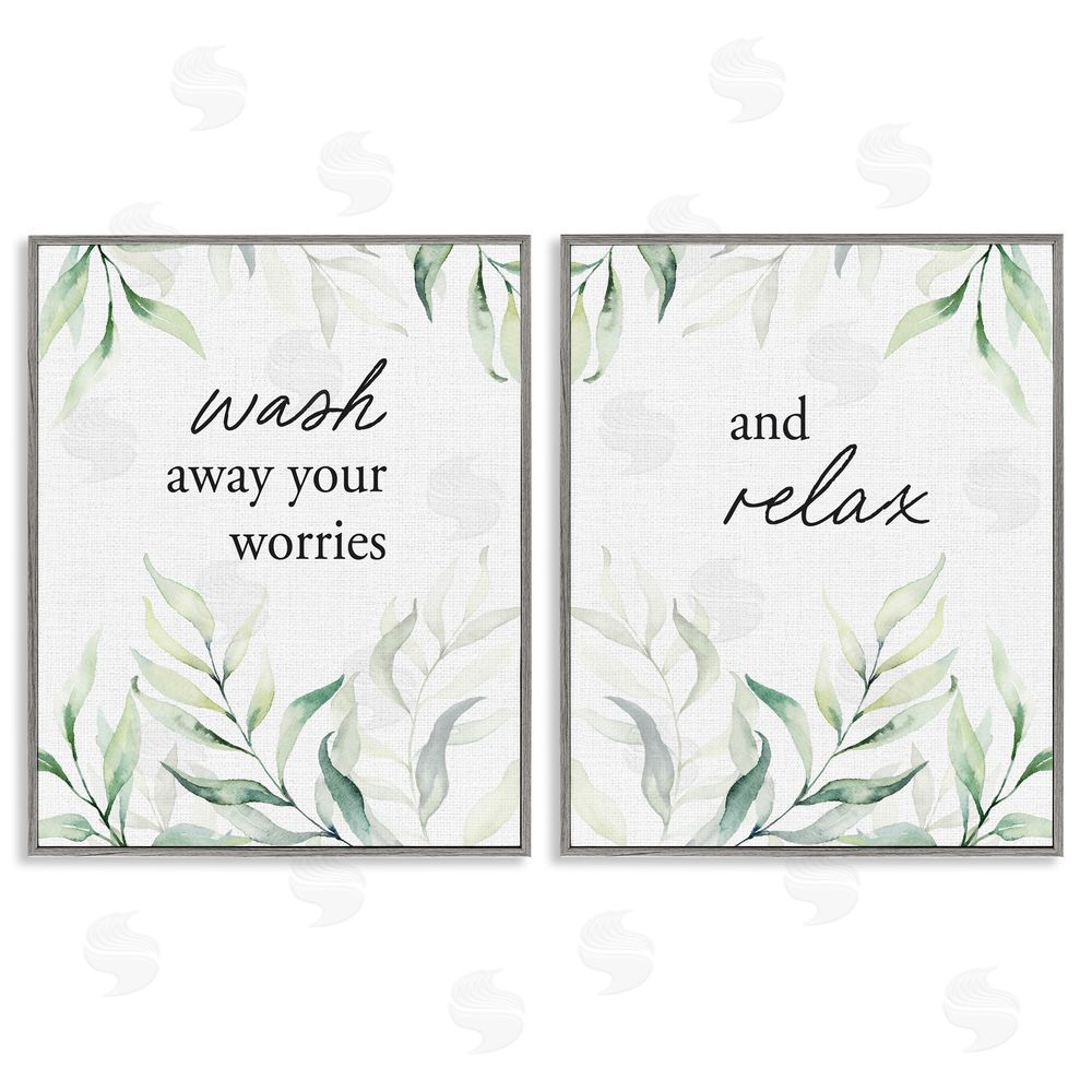 Lettered and Lined Soothing Bathroom Greenery Words Gray Framed Giclee Print Wall Art