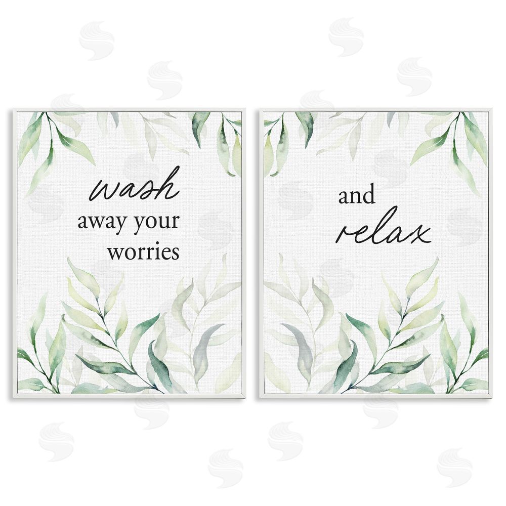 Lettered and Lined Soothing Bathroom Greenery Words White Framed Giclee Print Wall Art