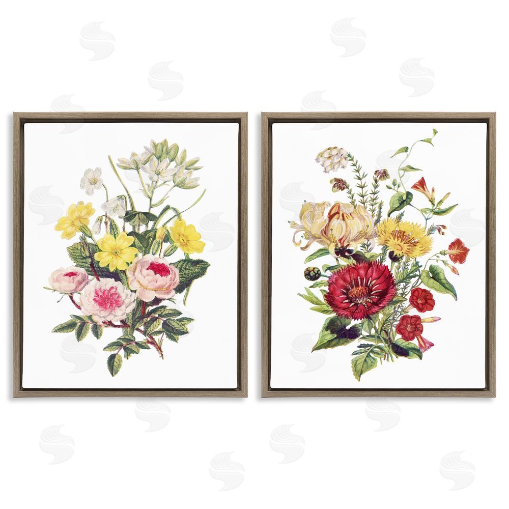 Lettered and Lined Mixed Flower Bushels Brown Floating Frame Canvas Wall Art Print