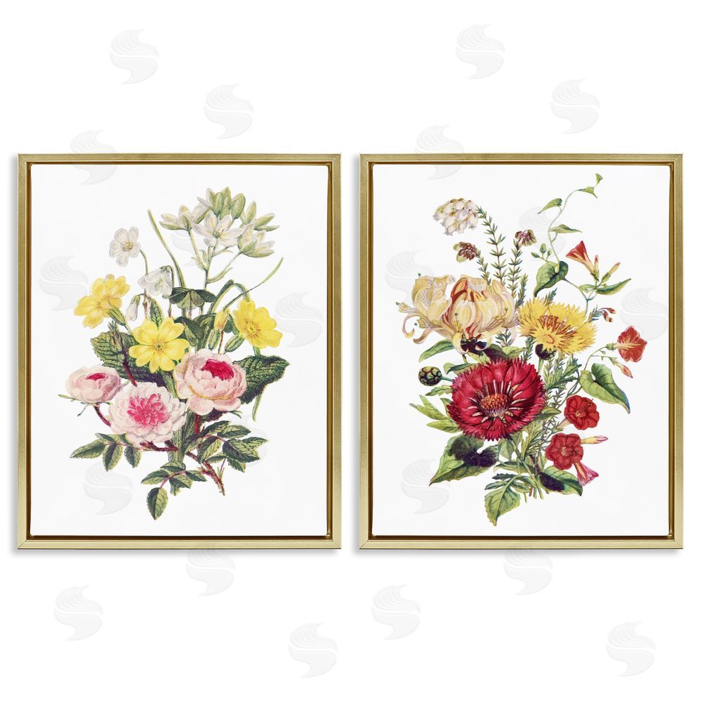 Lettered and Lined Mixed Flower Bushels Gold Floating Frame Canvas Wall Art Print