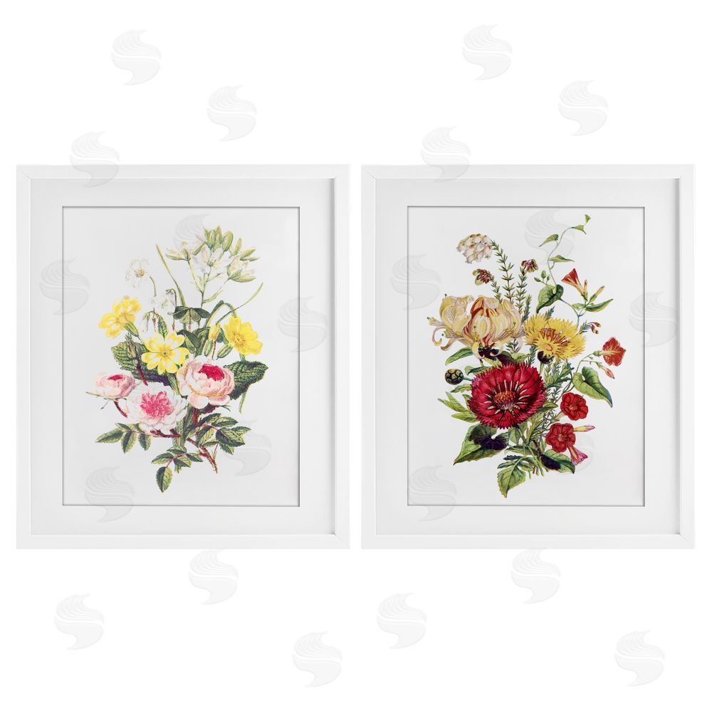Lettered and Lined Mixed Flower Bushels White Framed Print Under Glass Wall Art