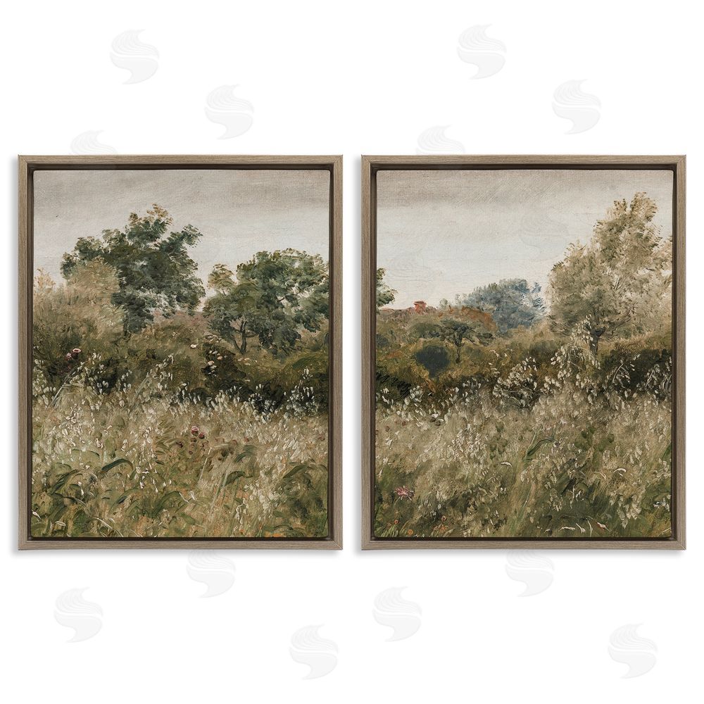 Lettered and Lined Rural Foliage Thicket Brown Floating Frame Canvas Wall Art Print