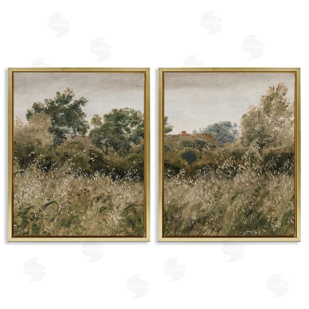 Lettered and Lined Rural Foliage Thicket Gold Floating Frame Canvas Wall Art Print