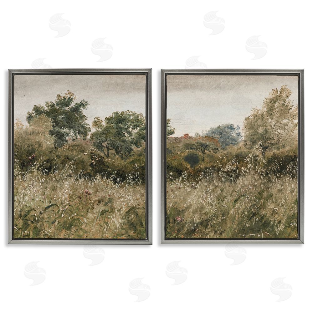 Lettered and Lined Rural Foliage Thicket Gray Floating Frame Canvas Wall Art Print