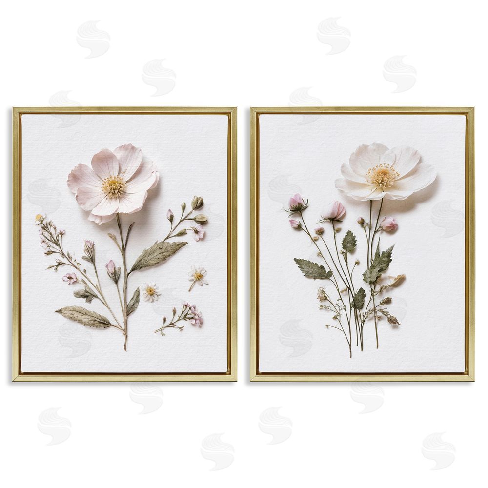Lettered and Lined Minimal Pressed Flowers Gold Floating Frame Canvas Wall Art Print