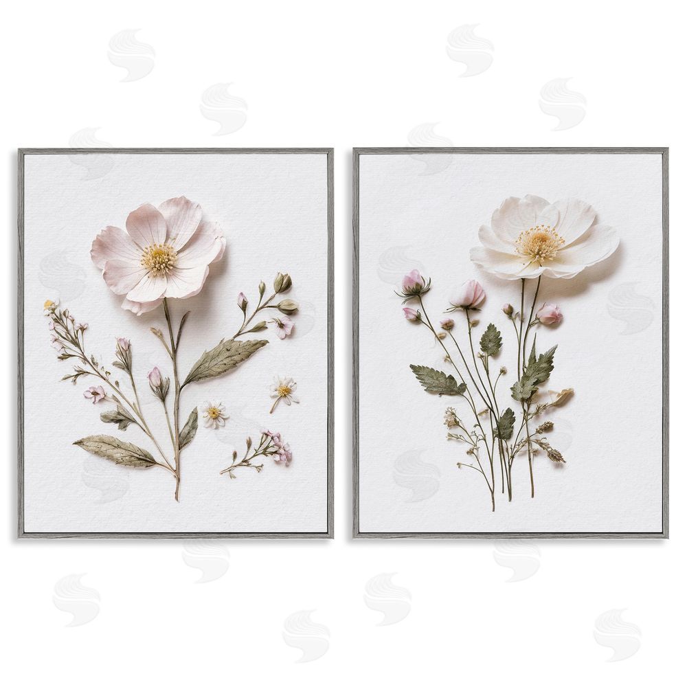 Lettered and Lined Minimal Pressed Flowers Gray Framed Giclee Print Wall Art