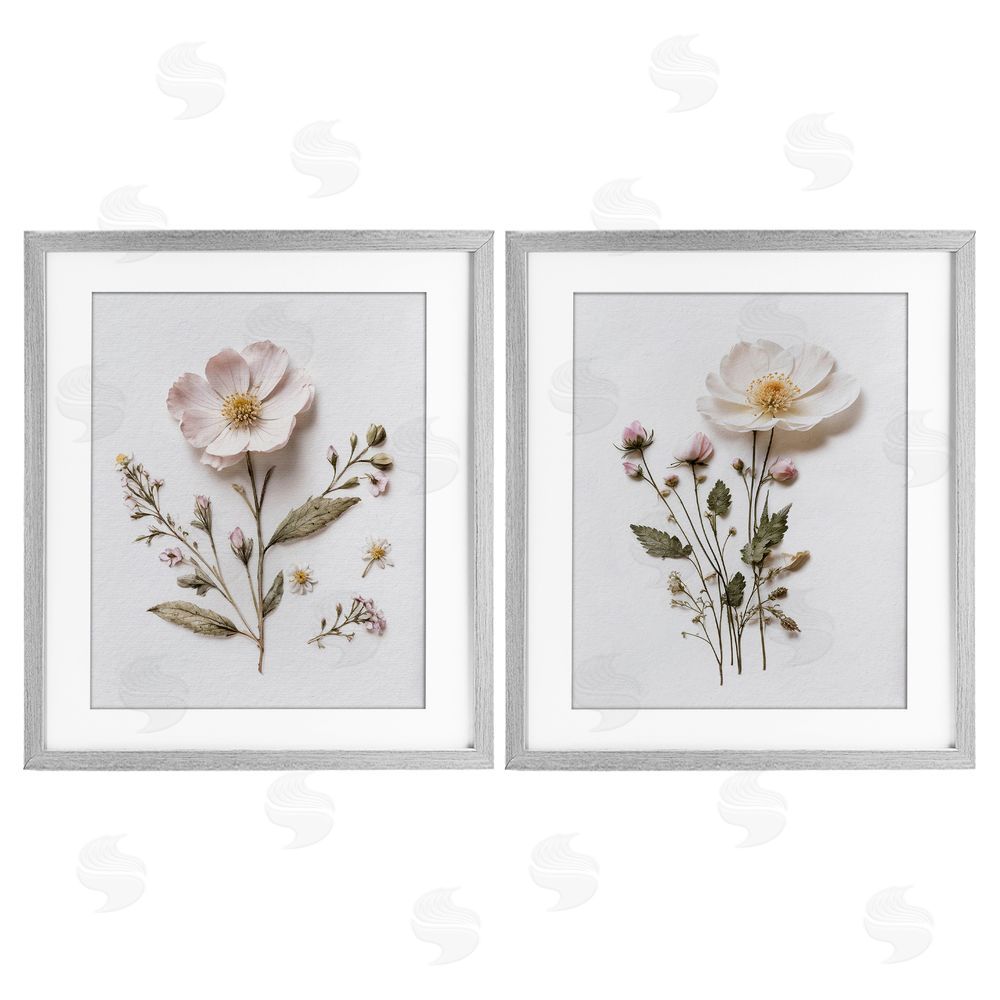 Lettered and Lined Minimal Pressed Flowers Gray Framed Print Under Glass Wall Art