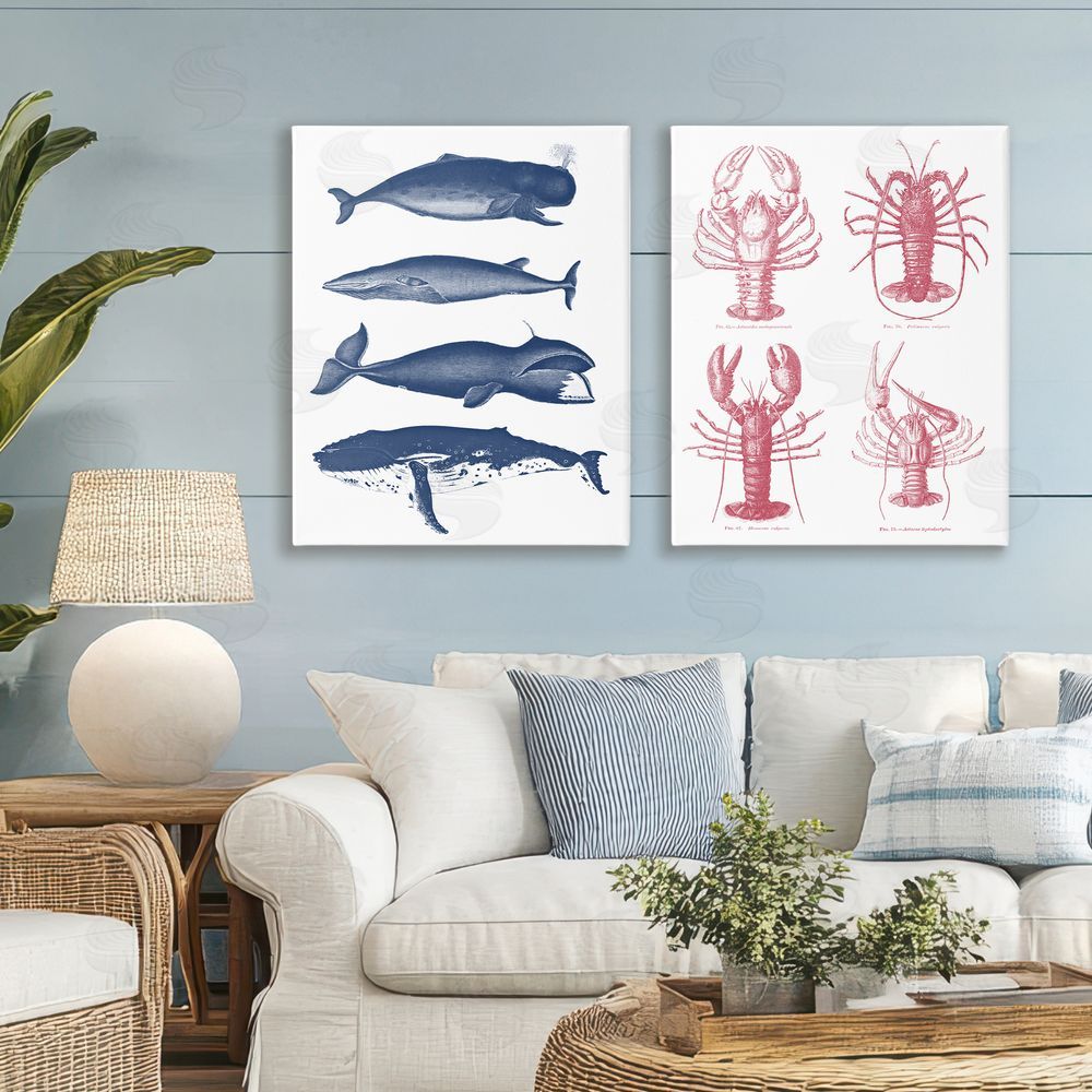 Lettered and Lined Marine Whales & Lobsters Stretched Canvas Wall Art Print in Room