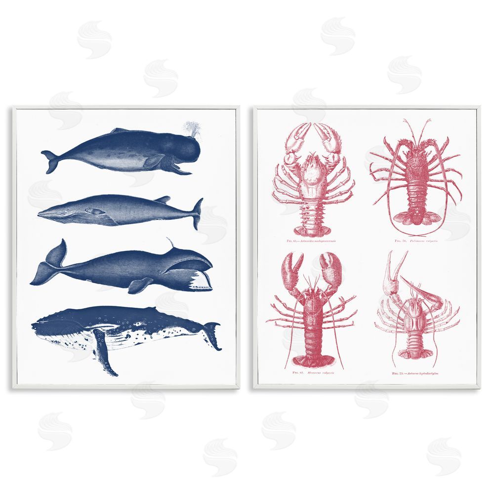 Lettered and Lined Marine Whales & Lobsters White Framed Giclee Print Wall Art
