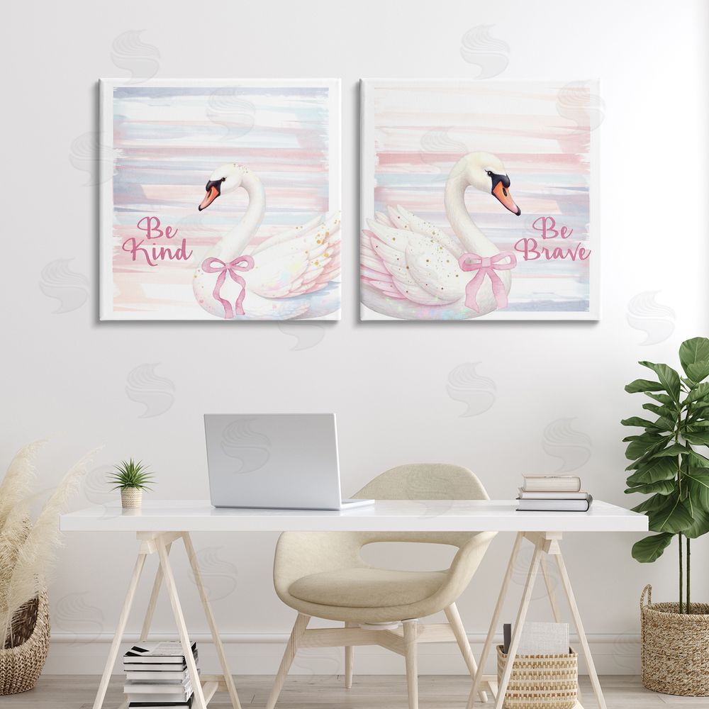 Kim Allen Be Brave & Kind Pastel Swan Stretched Canvas Wall Art Print in Room