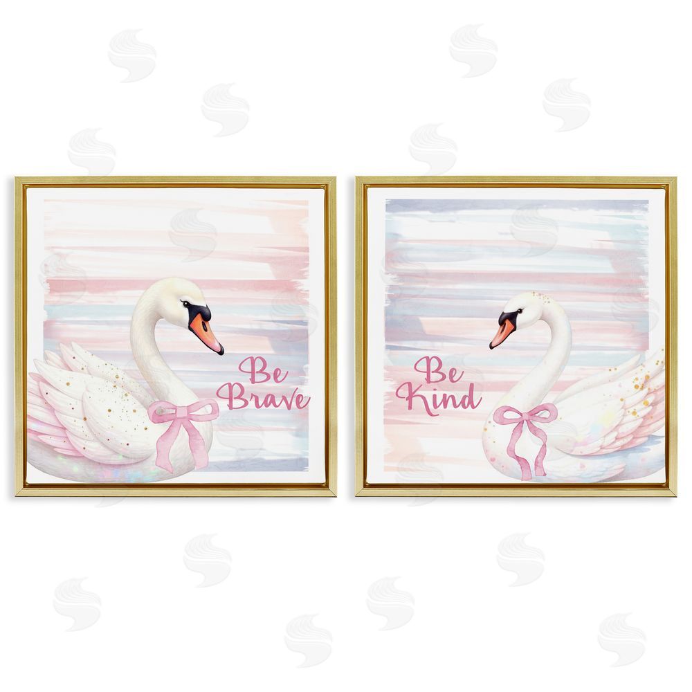 Kim Allen Be Brave & Kind Pastel Swan Gold Floating Frame Canvas Wall Art Print