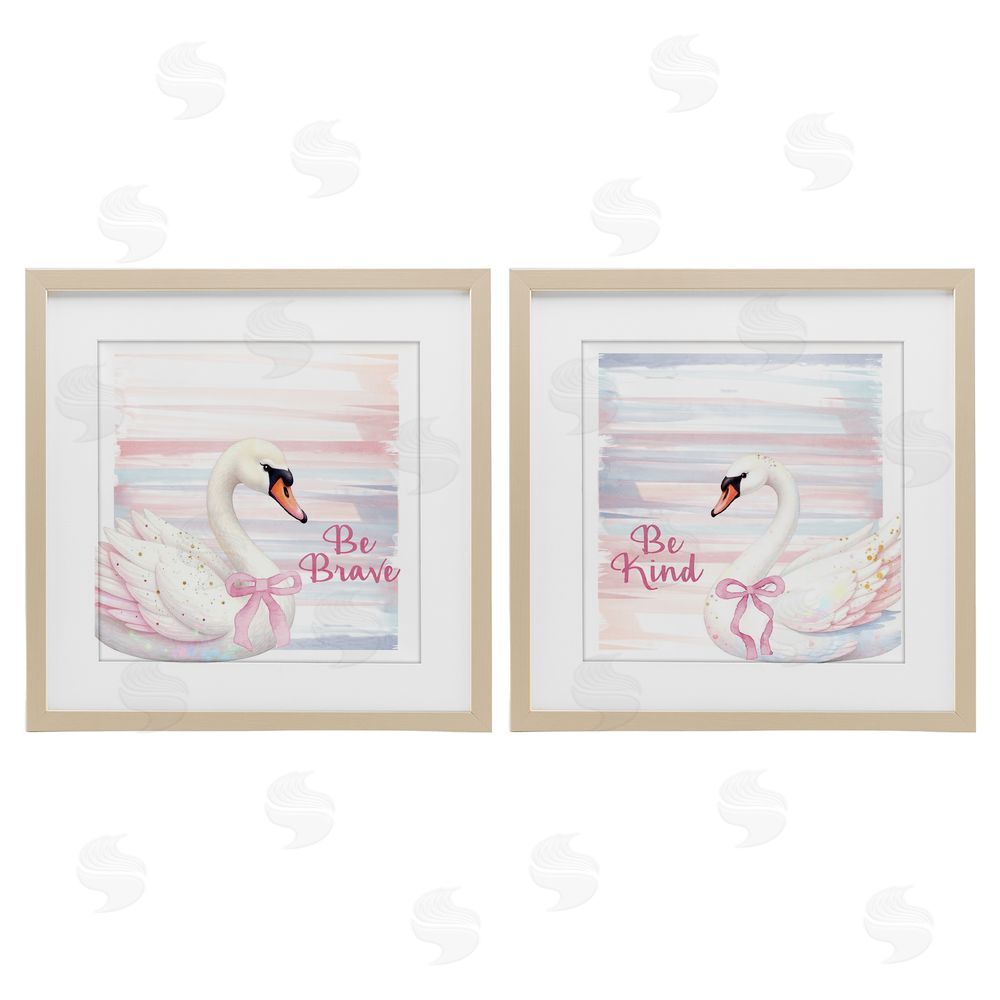 Kim Allen Be Brave & Kind Pastel Swan Brown Framed Print Under Glass Wall Art