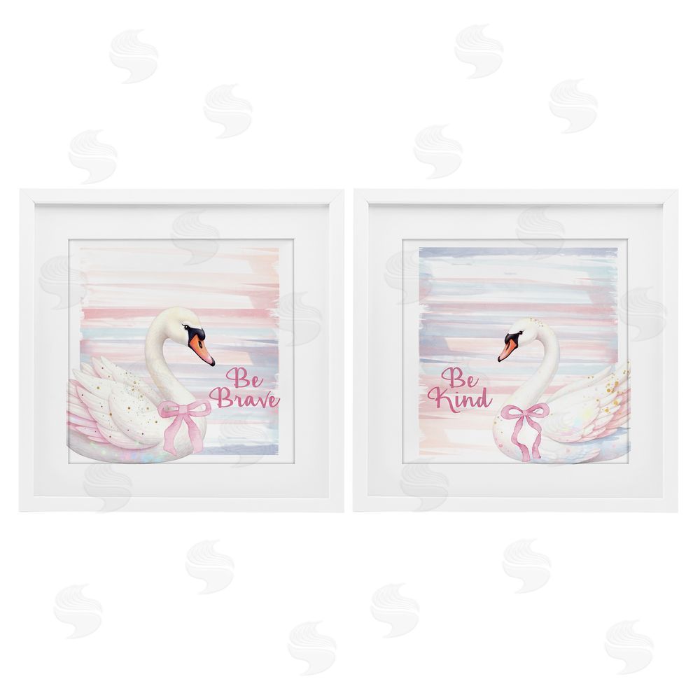 Kim Allen Be Brave & Kind Pastel Swan White Framed Print Under Glass Wall Art