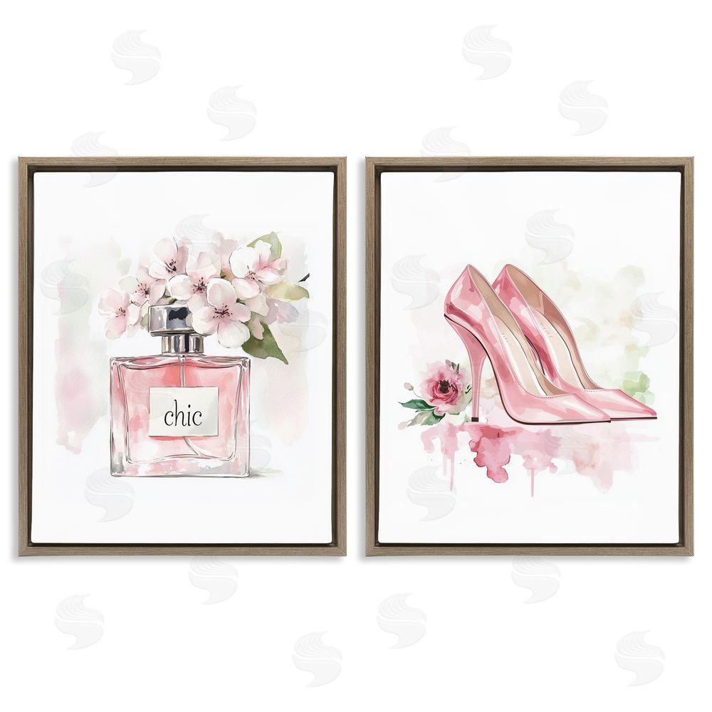 Christine Simpson Art Rosy Pastel Perfume & Heels Brown Floating Frame Canvas Wall Art Print