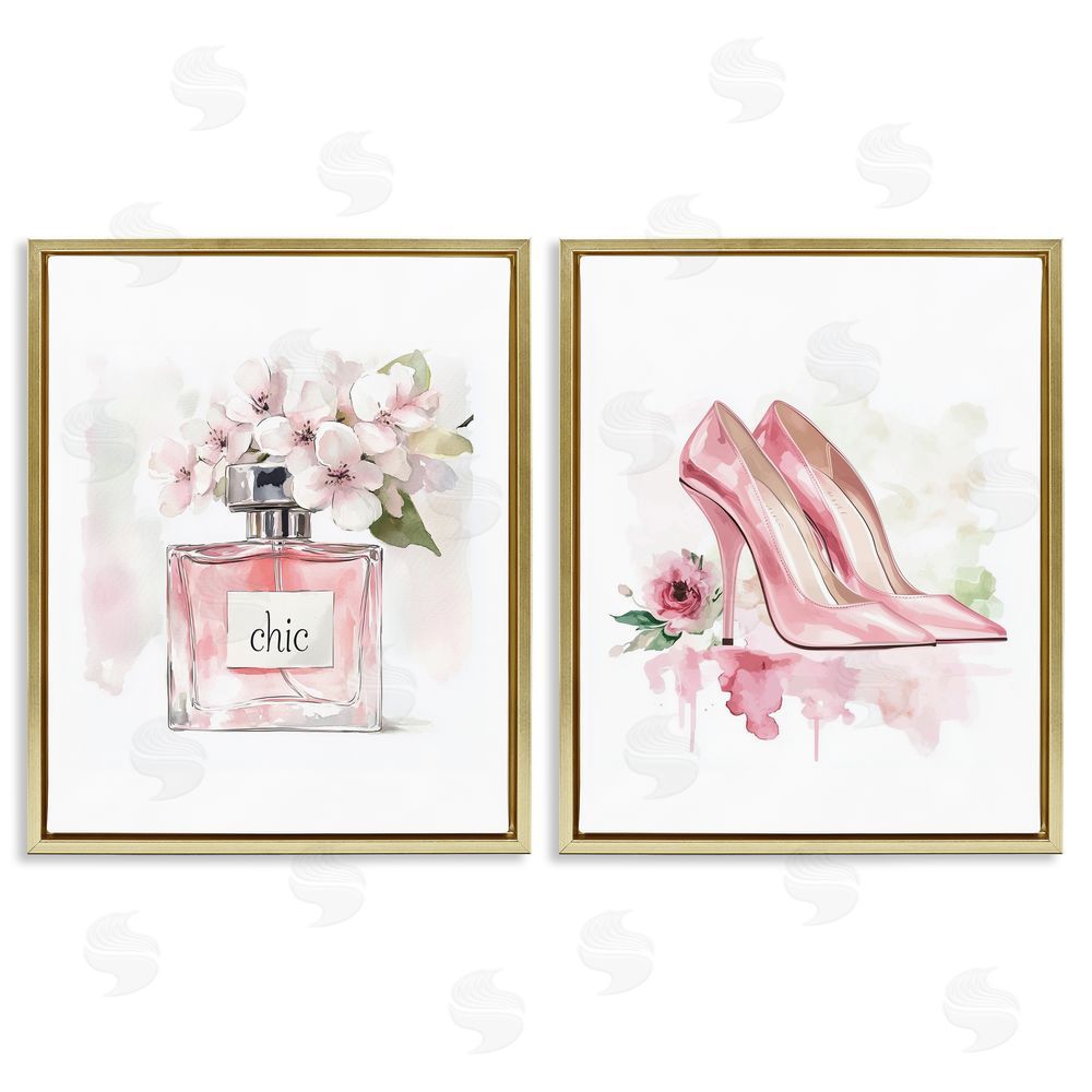 Christine Simpson Art Rosy Pastel Perfume & Heels Gold Floating Frame Canvas Wall Art Print