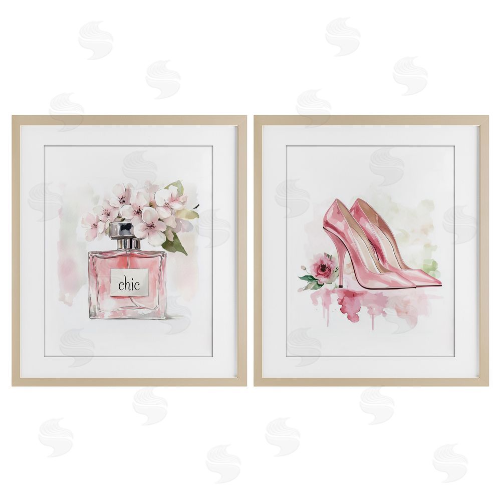 Christine Simpson Art Rosy Pastel Perfume & Heels Brown Framed Print Under Glass Wall Art