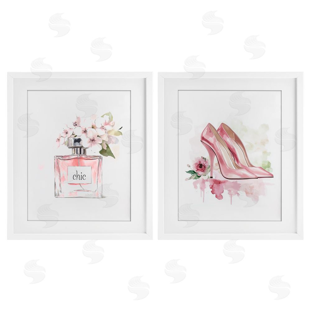 Christine Simpson Art Rosy Pastel Perfume & Heels White Framed Print Under Glass Wall Art