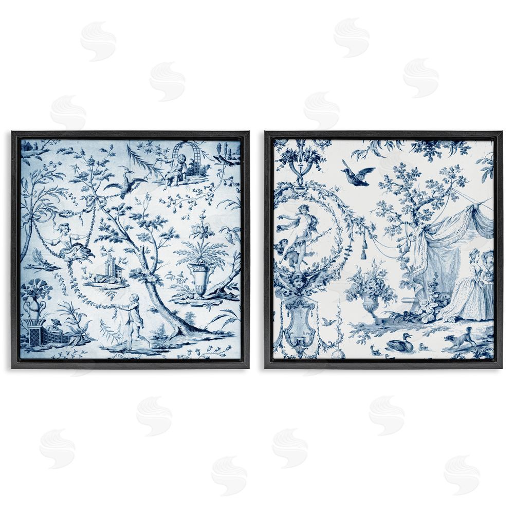 Vintage Hustle Intricate Toile Scenery Black Floating Frame Canvas Wall Art Print