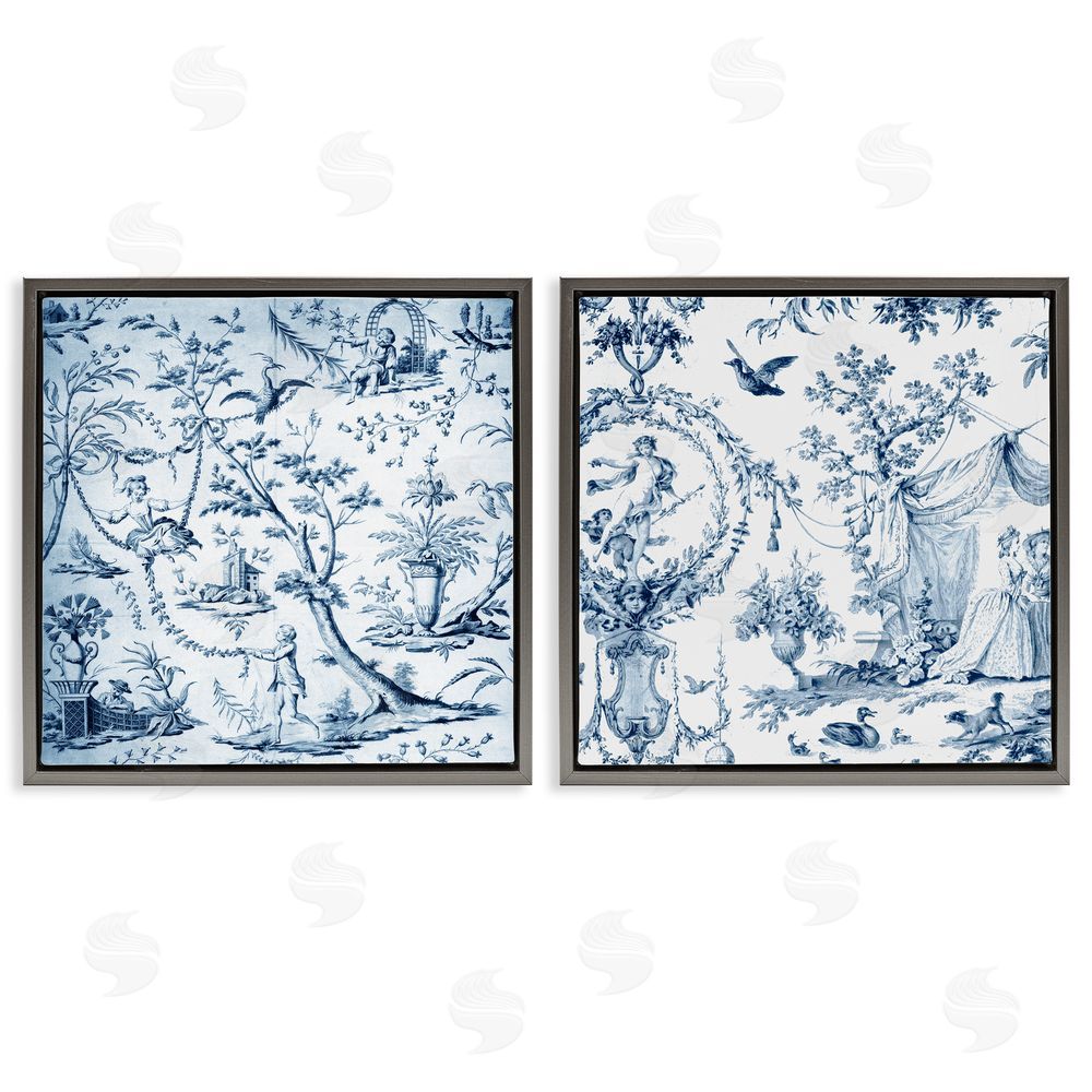 Vintage Hustle Intricate Toile Scenery Gray Floating Frame Canvas Wall Art Print