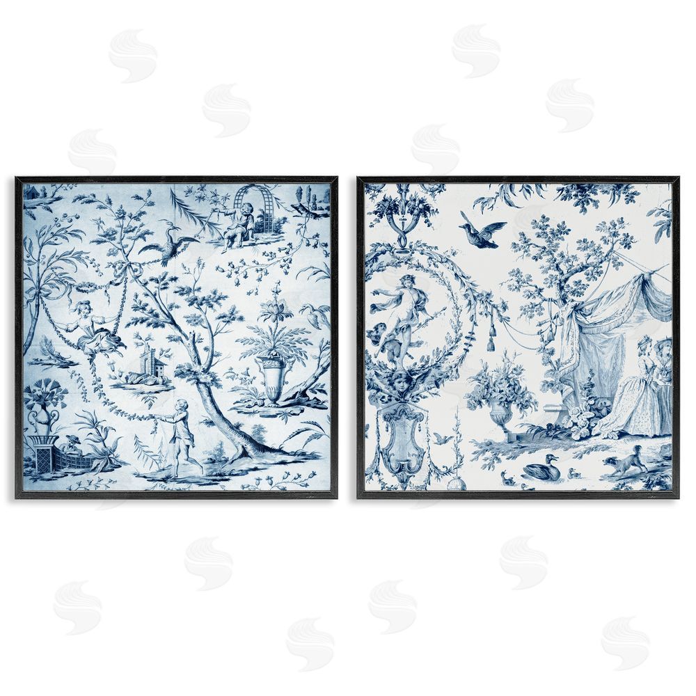 Vintage Hustle Intricate Toile Scenery Black Framed Giclee Print Wall Art