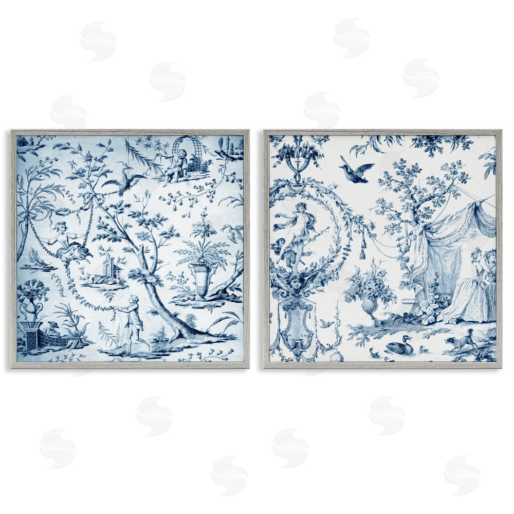 Vintage Hustle Intricate Toile Scenery Gray Framed Giclee Print Wall Art