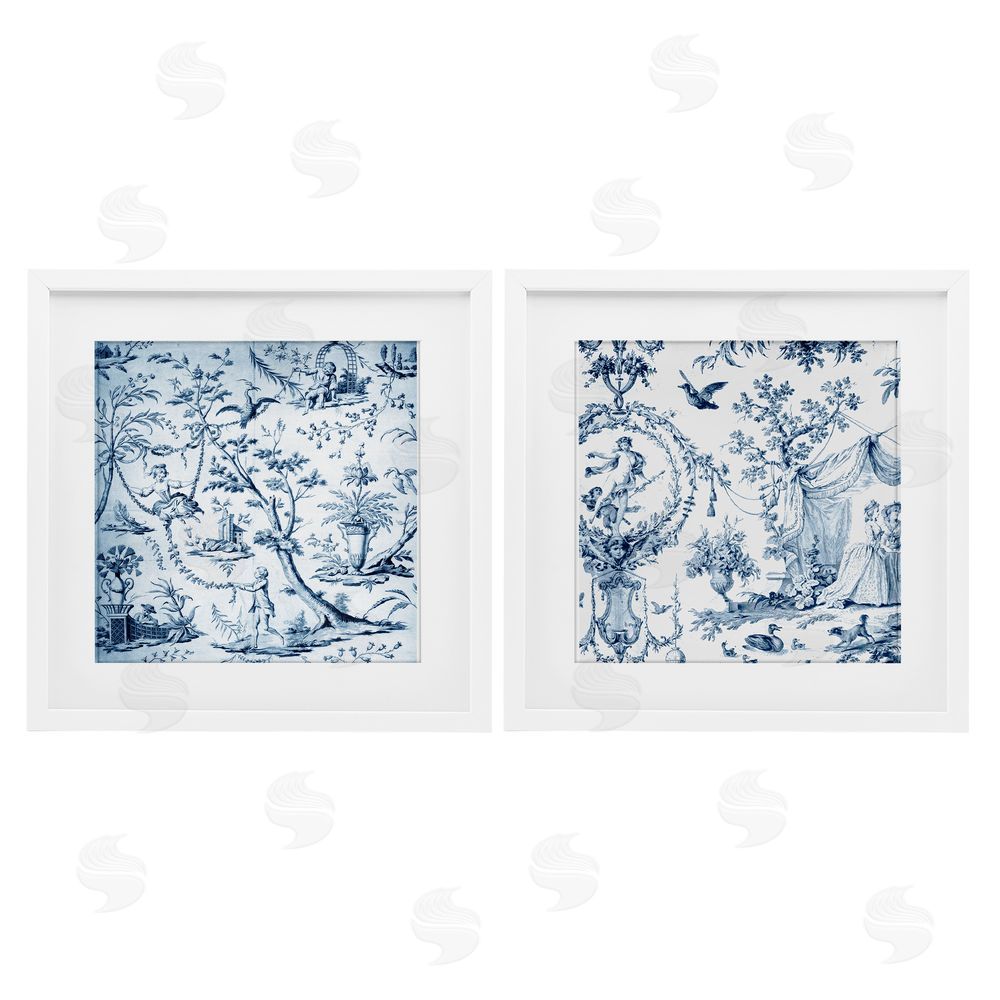 Vintage Hustle Intricate Toile Scenery White Framed Print Under Glass Wall Art