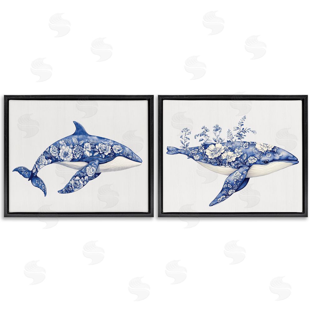 Lettered and Lined Blooming Toile Pattern Whales Black Floating Frame Canvas Wall Art Print