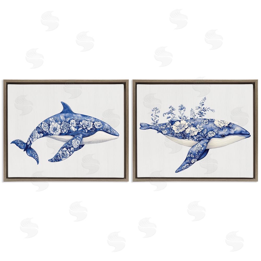 Lettered and Lined Blooming Toile Pattern Whales Brown Floating Frame Canvas Wall Art Print