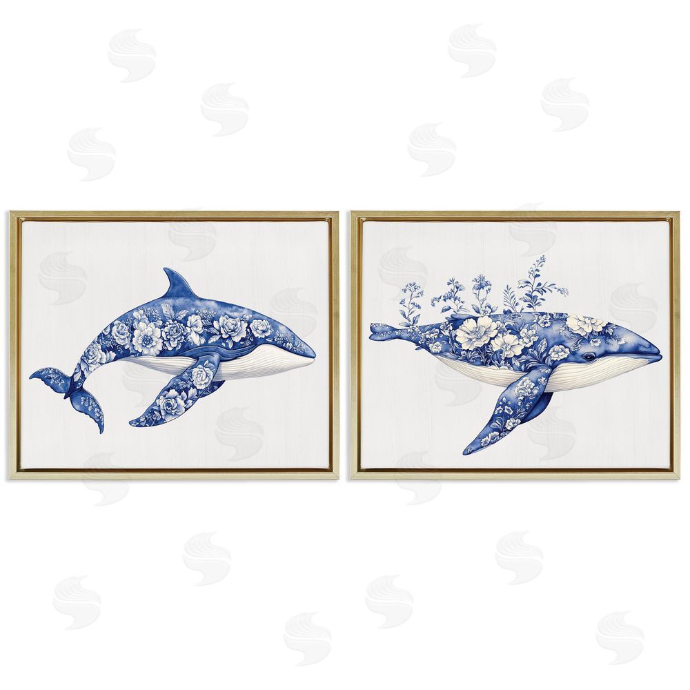 Lettered and Lined Blooming Toile Pattern Whales Gold Floating Frame Canvas Wall Art Print