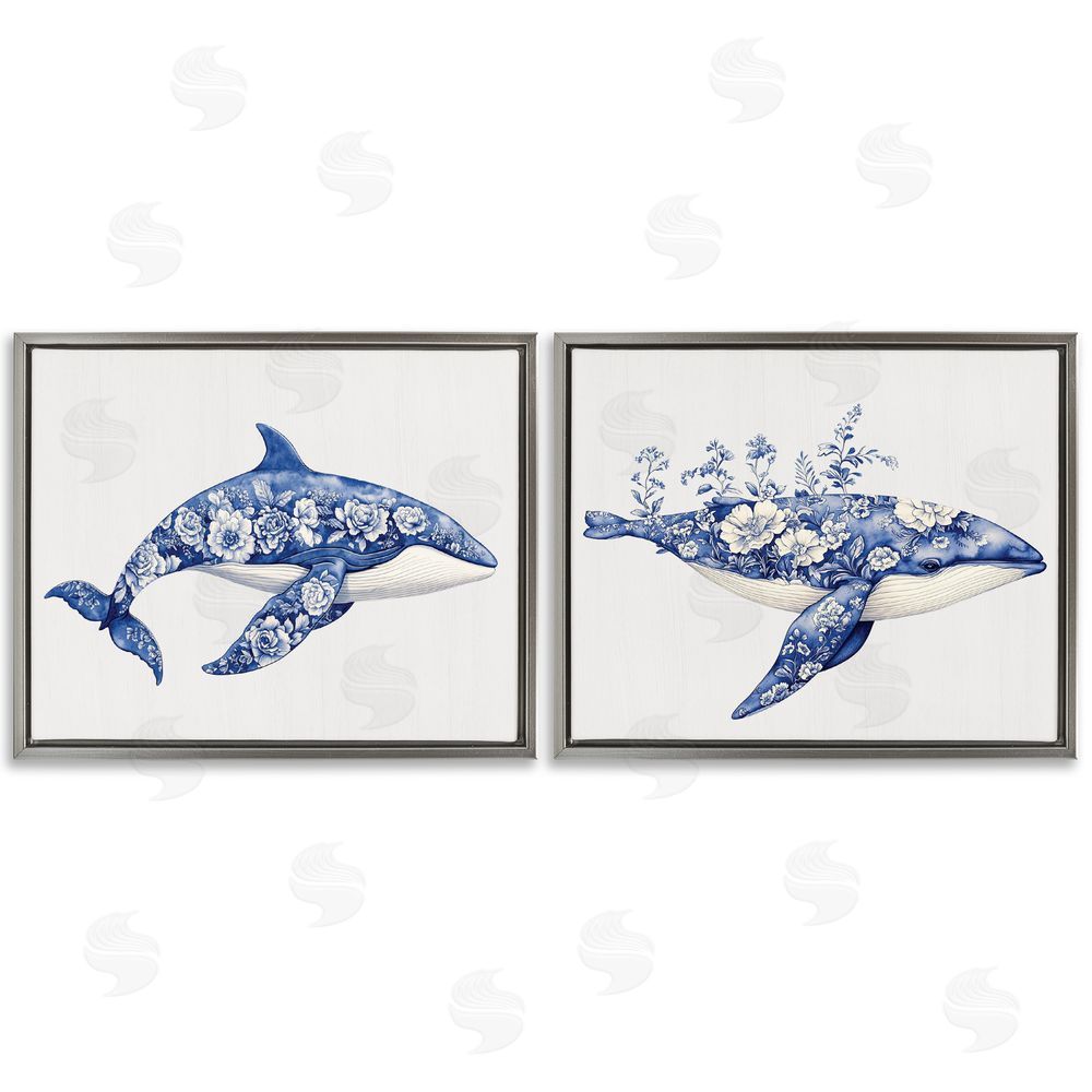 Lettered and Lined Blooming Toile Pattern Whales Gray Floating Frame Canvas Wall Art Print