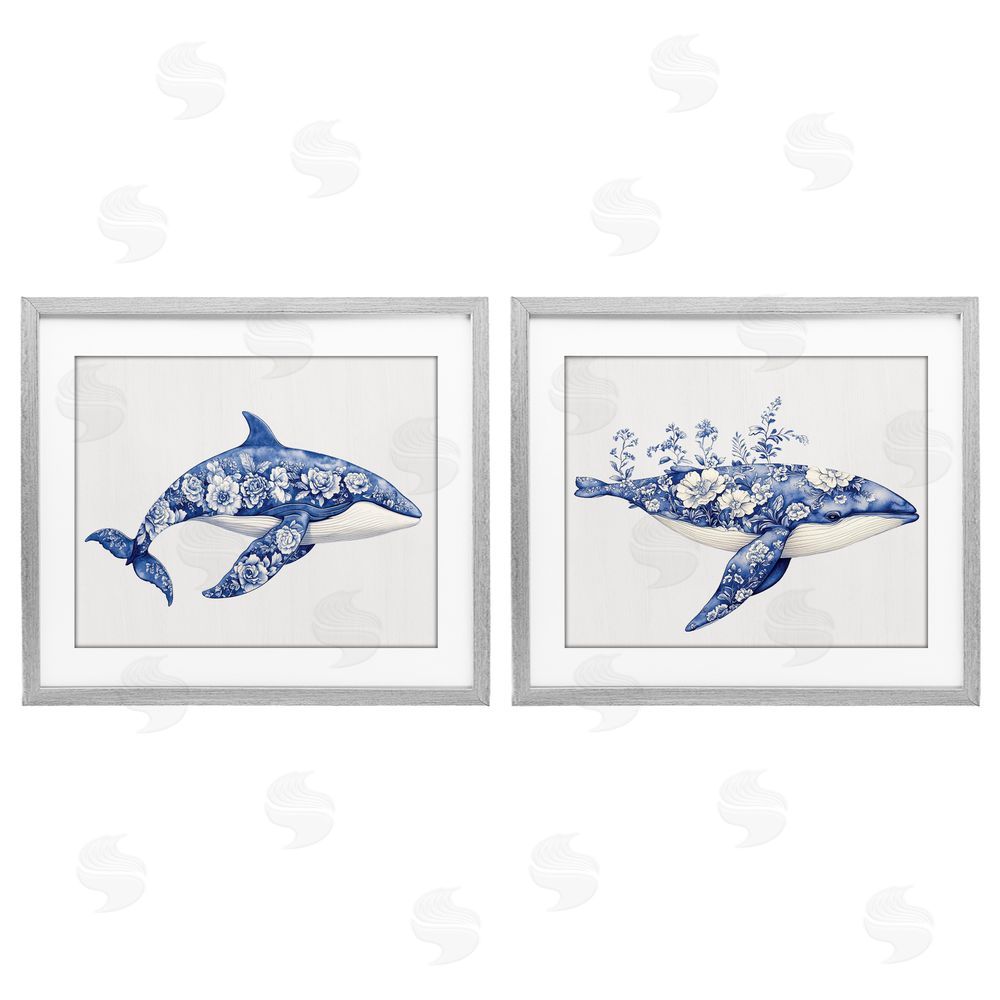 Lettered and Lined Blooming Toile Pattern Whales Gray Framed Print Under Glass Wall Art
