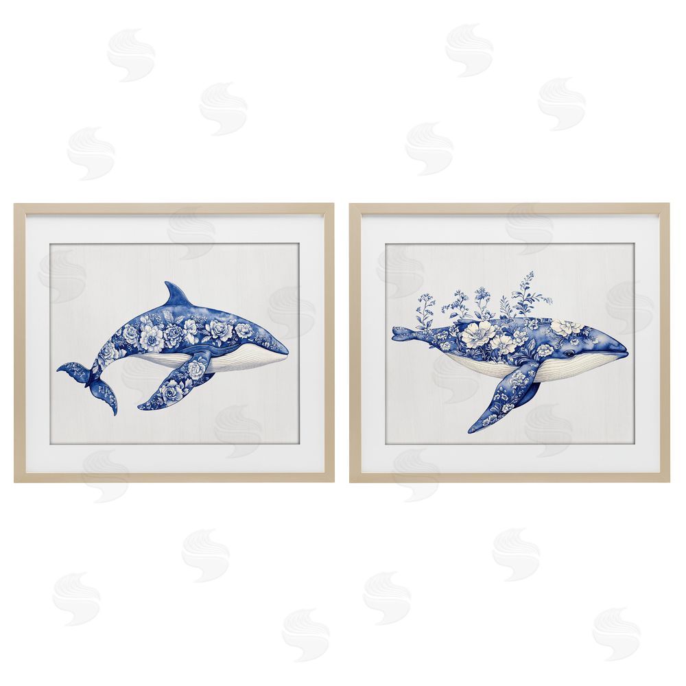 Lettered and Lined Blooming Toile Pattern Whales Brown Framed Print Under Glass Wall Art