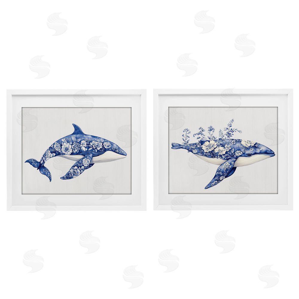 Lettered and Lined Blooming Toile Pattern Whales White Framed Print Under Glass Wall Art