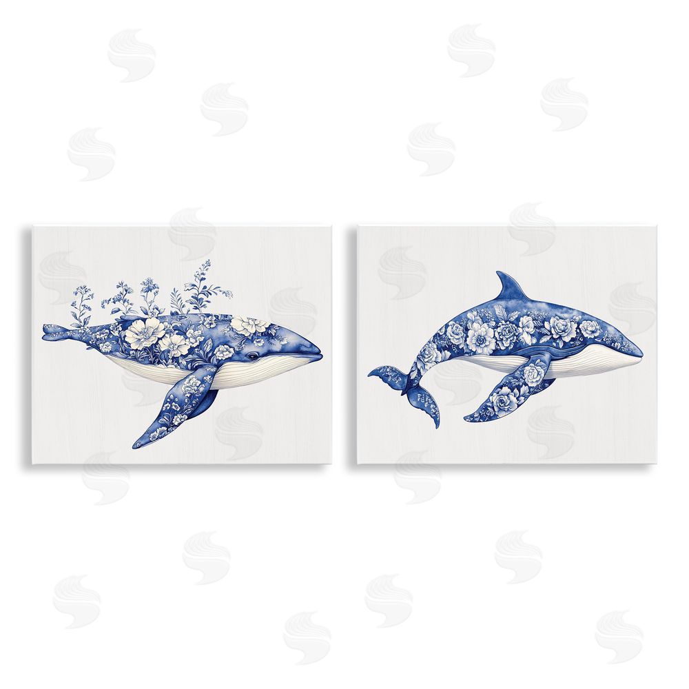 Lettered and Lined Blooming Toile Pattern Whales Wooden Wall Plaque Art Print