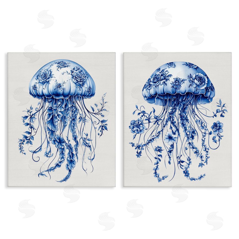 Lettered and Lined Funky Florals Toile Jellyfish Stretched Canvas Wall Art Print