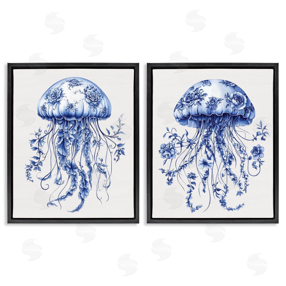 Lettered and Lined Funky Florals Toile Jellyfish Black Floating Frame Canvas Wall Art Print