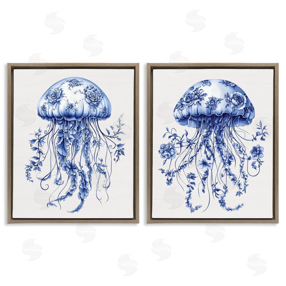 Lettered and Lined Funky Florals Toile Jellyfish Brown Floating Frame Canvas Wall Art Print