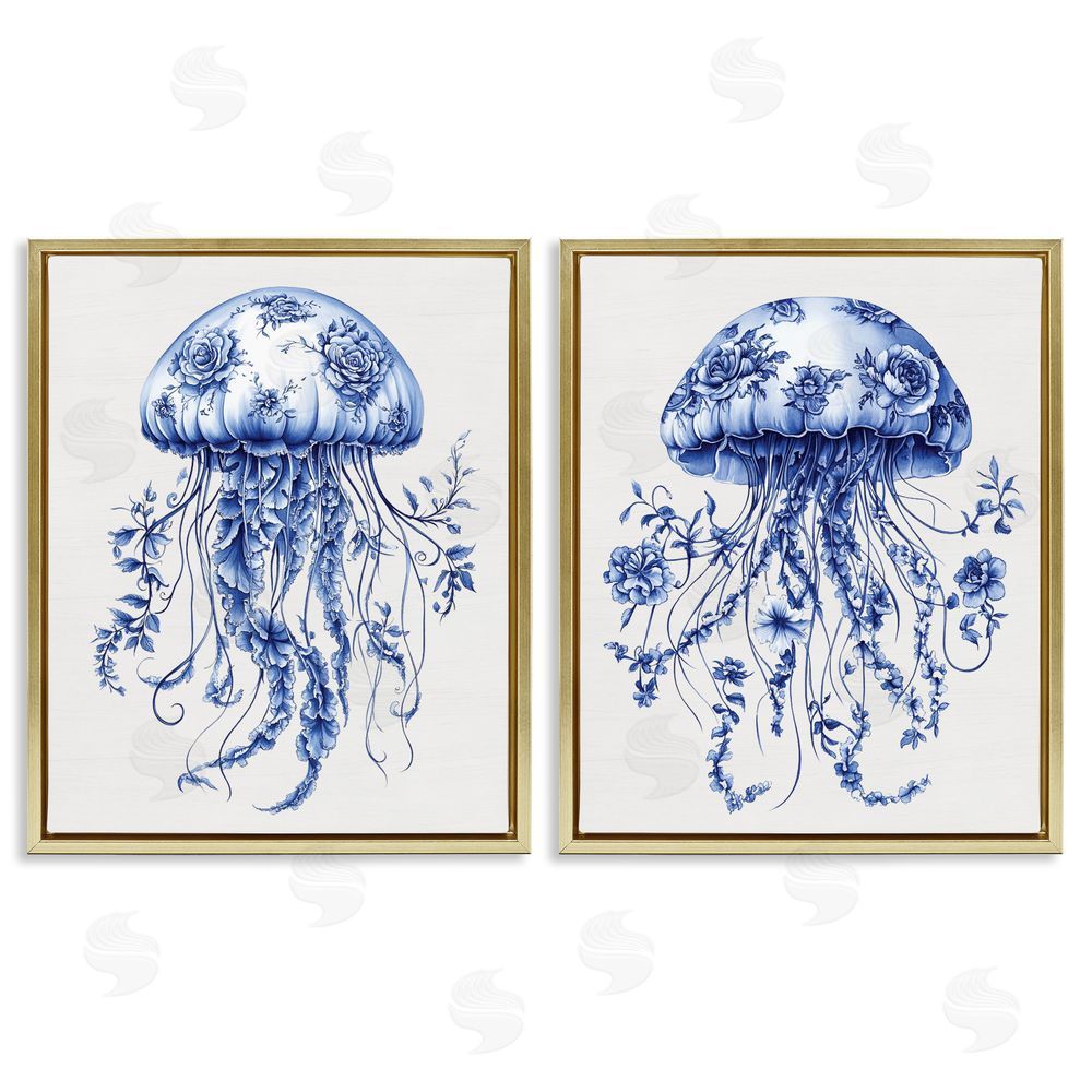 Lettered and Lined Funky Florals Toile Jellyfish Gold Floating Frame Canvas Wall Art Print