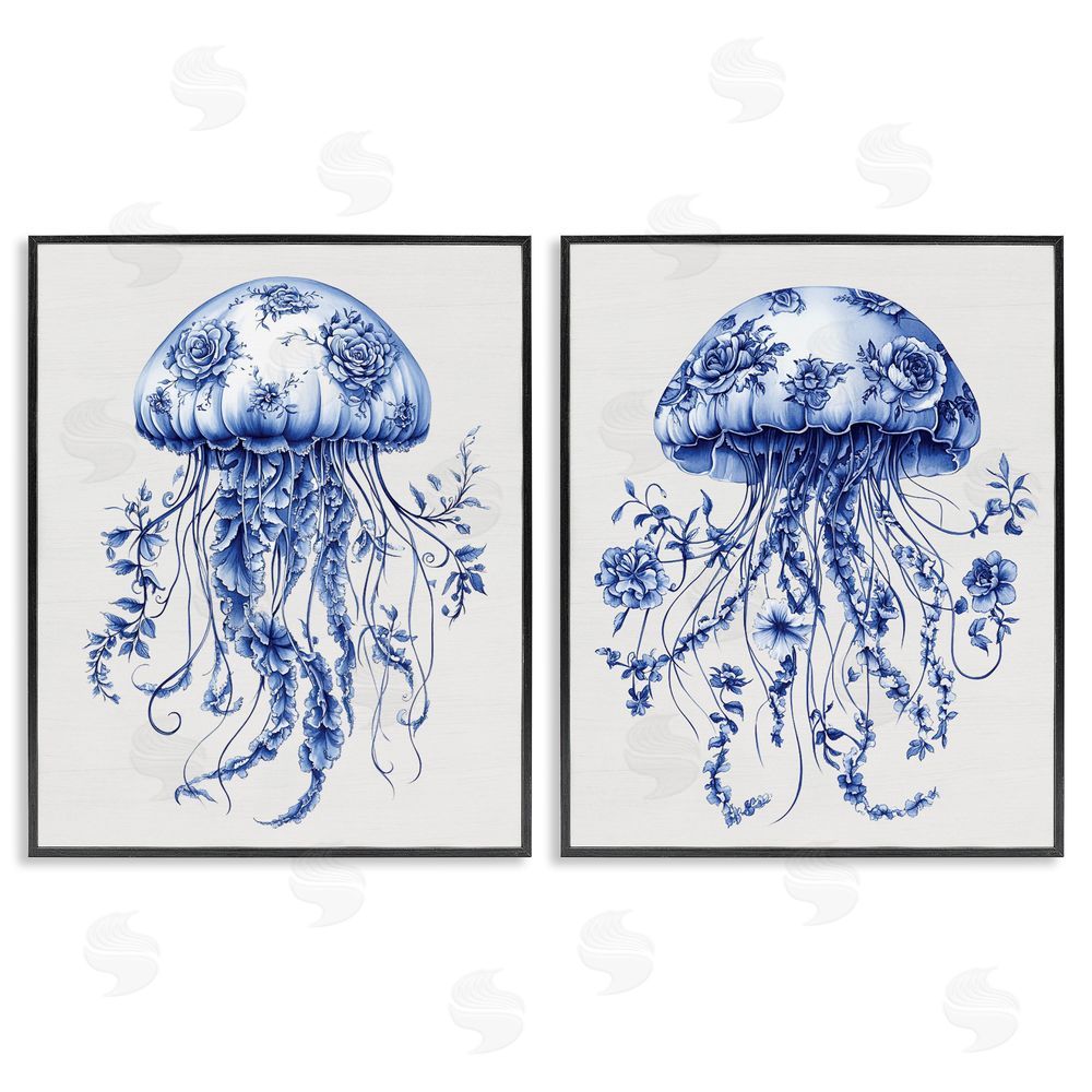 Lettered and Lined Funky Florals Toile Jellyfish Black Framed Giclee Print Wall Art